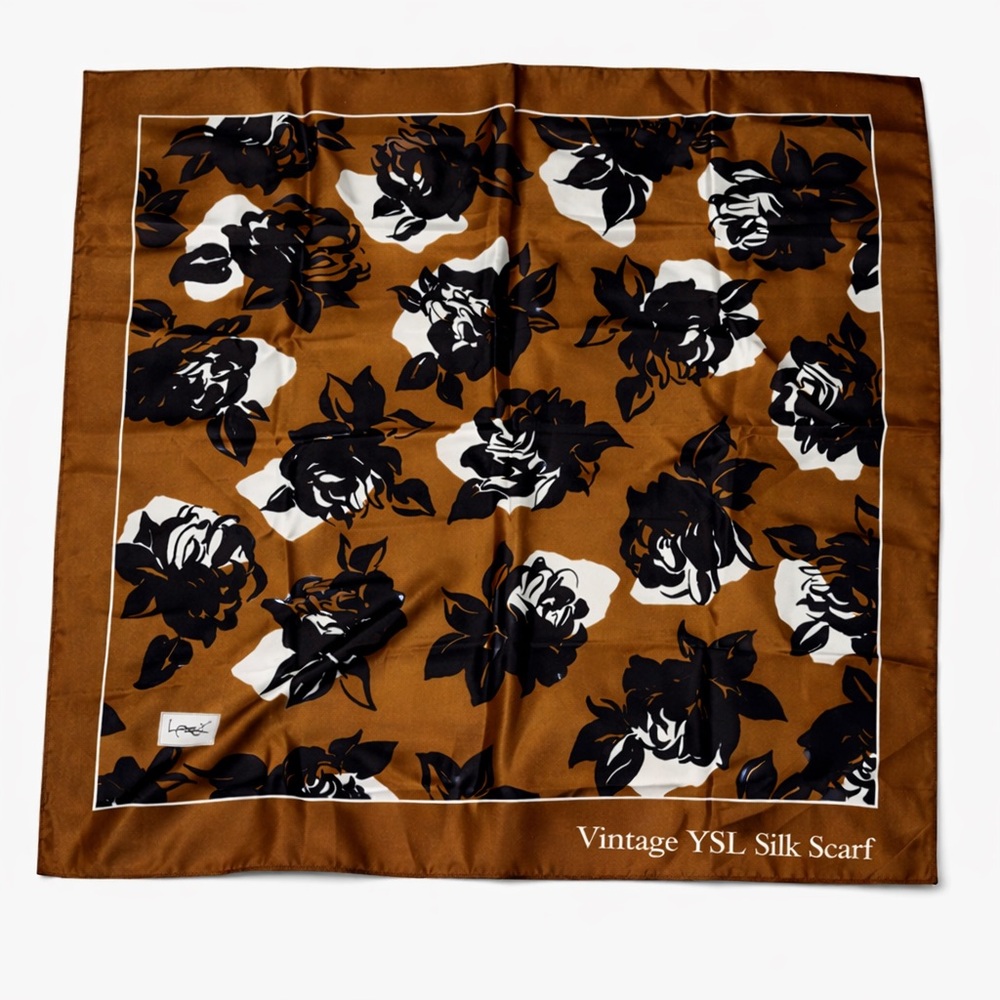 Yves Saint Laurent Vintage Silk Foulards Rose Print Scarf Brown Black 32.5” - Picture 2 of 9